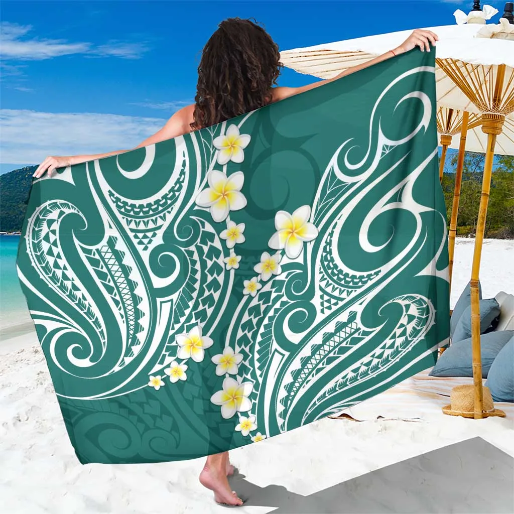 Plumeria With Teal Polynesian Tattoo Pattern Sarong - main view