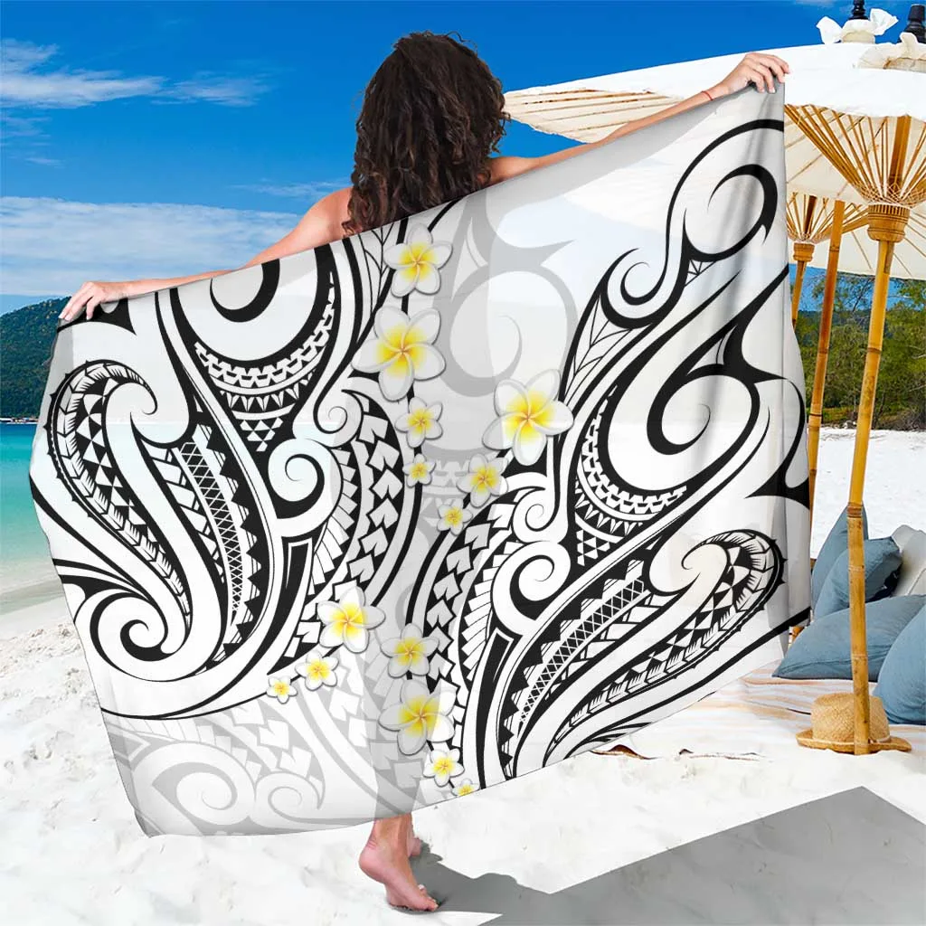 White Plumeria Polynesian Tattoo Pattern Sarong Beach Wrap for Resort Hotel Wholesale Pareo - main view