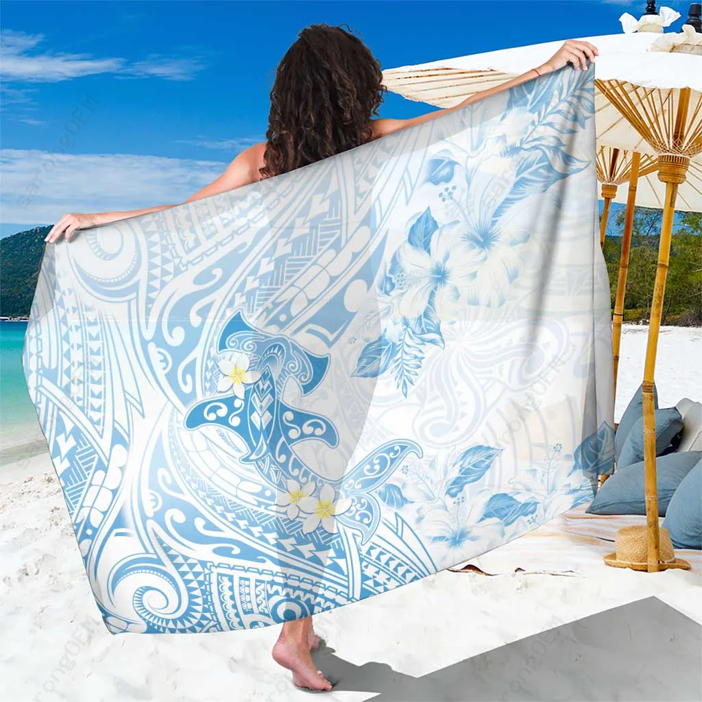 Blue Tropical Flowers Tribal Polynesia Print Sarong Beach Wrap for Resort Hotel Wholesale Pareo - main view
