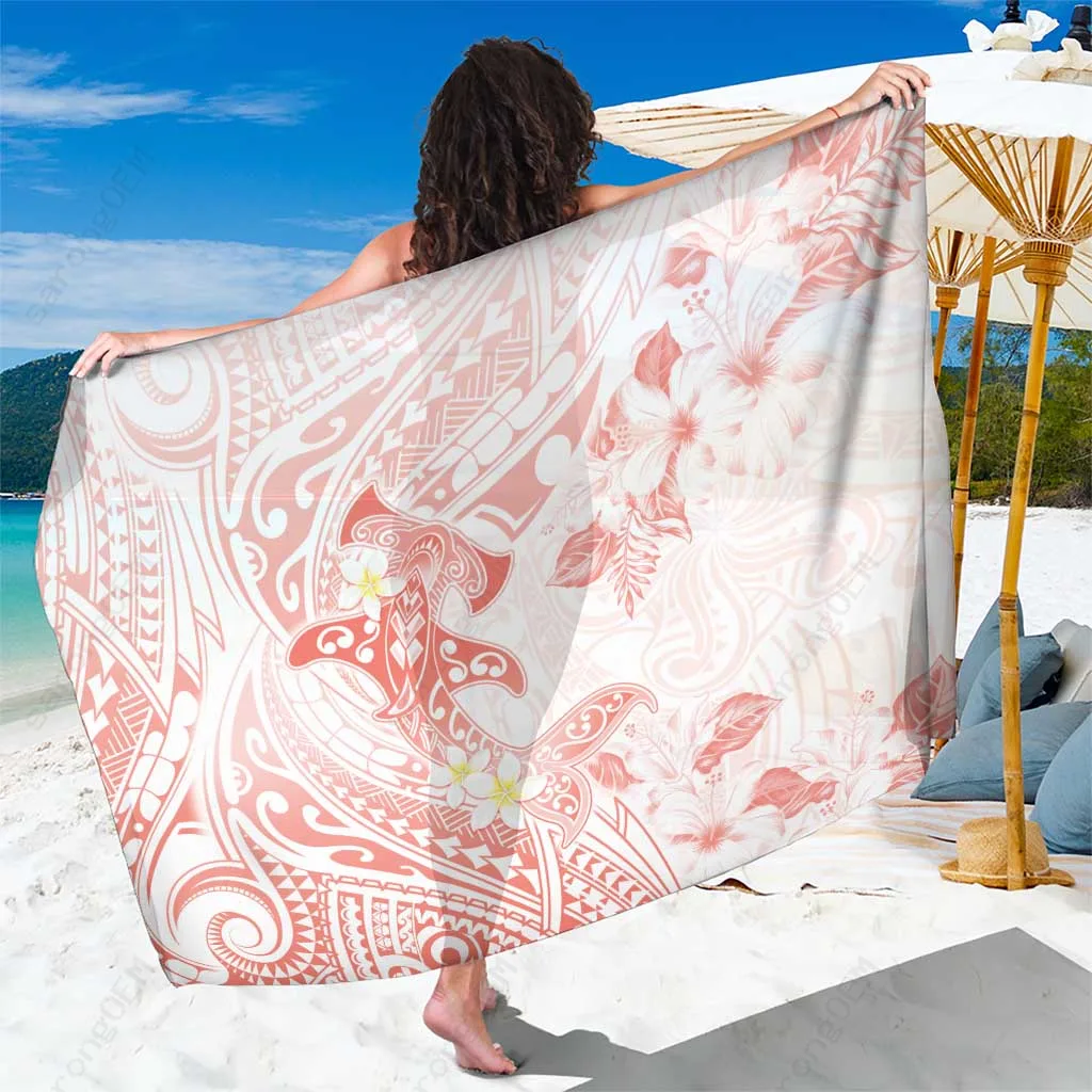 Peach Polynesia Hammerhead Shark Tropical Flowers Tribal Print Sarong Beach Wrap Summer Island Cover Up Wholesale - main view