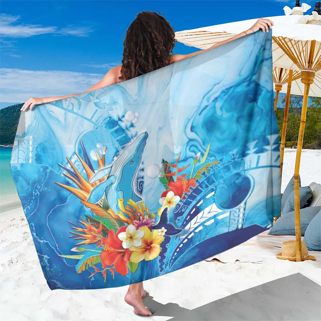Deep Blue Polynesia Humpback Whale Wave Tribal Print Sarong Beach Wrap Resort Cover Up Wholesale - main view