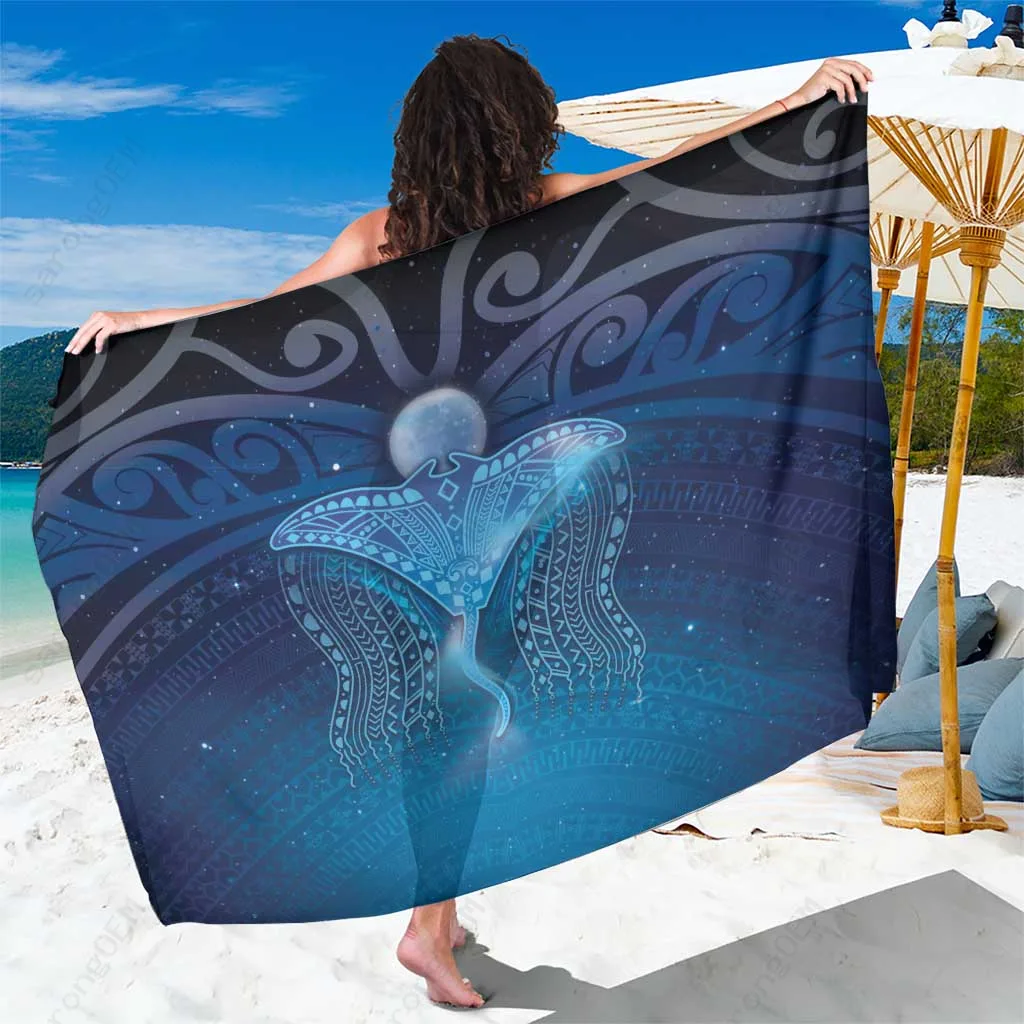 Deep Blue Polynesia Manta Ray Tribal Print Sarong Beach Wrap for Resort Hotel Wholesale Pareo - main view