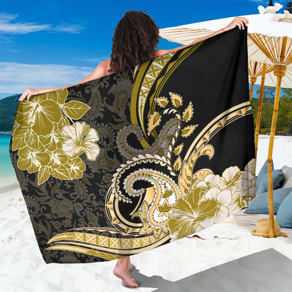Gold Polynesian Paisley Mandala Print Sarong Beach Wrap Tropical Island Resort Cover Up Wholesale Pareo - main view