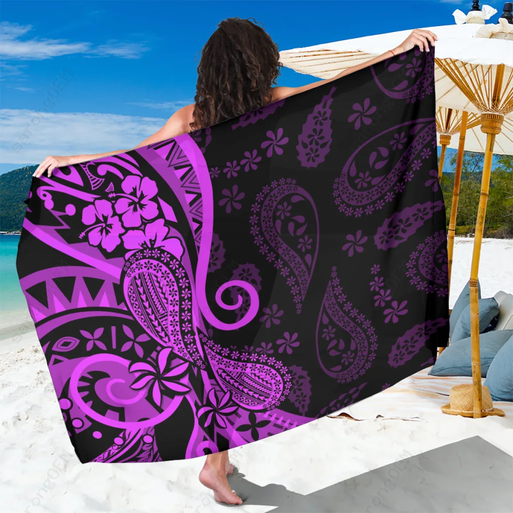 Purple Polynesian Paisley Sarong with Tropical Flowers Beach Wrap Pareo Resort Cover Up Wholesale - main view