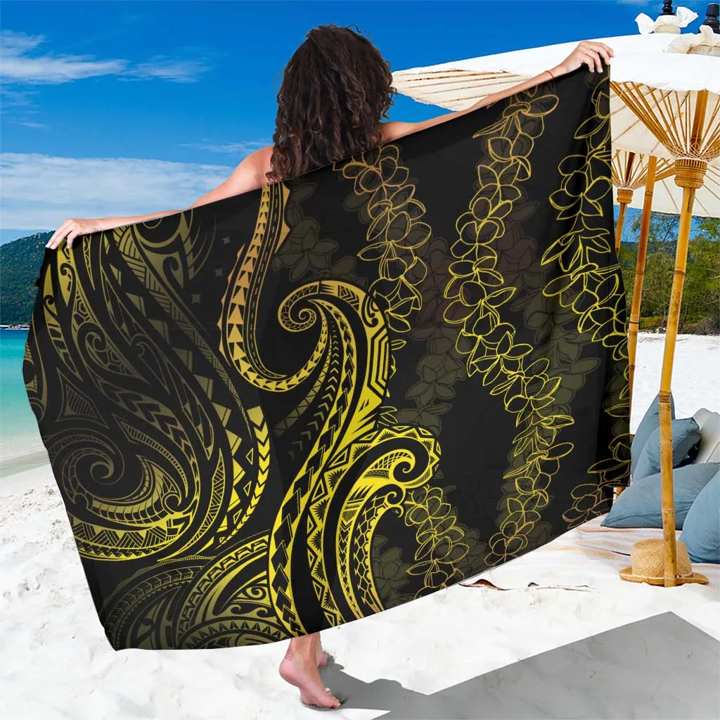 Black Gold Curves Polynesia Plumeria Lei Print Sarong Beach Wrap Tropical Resort Cover Up Wholesale Pareo - main view