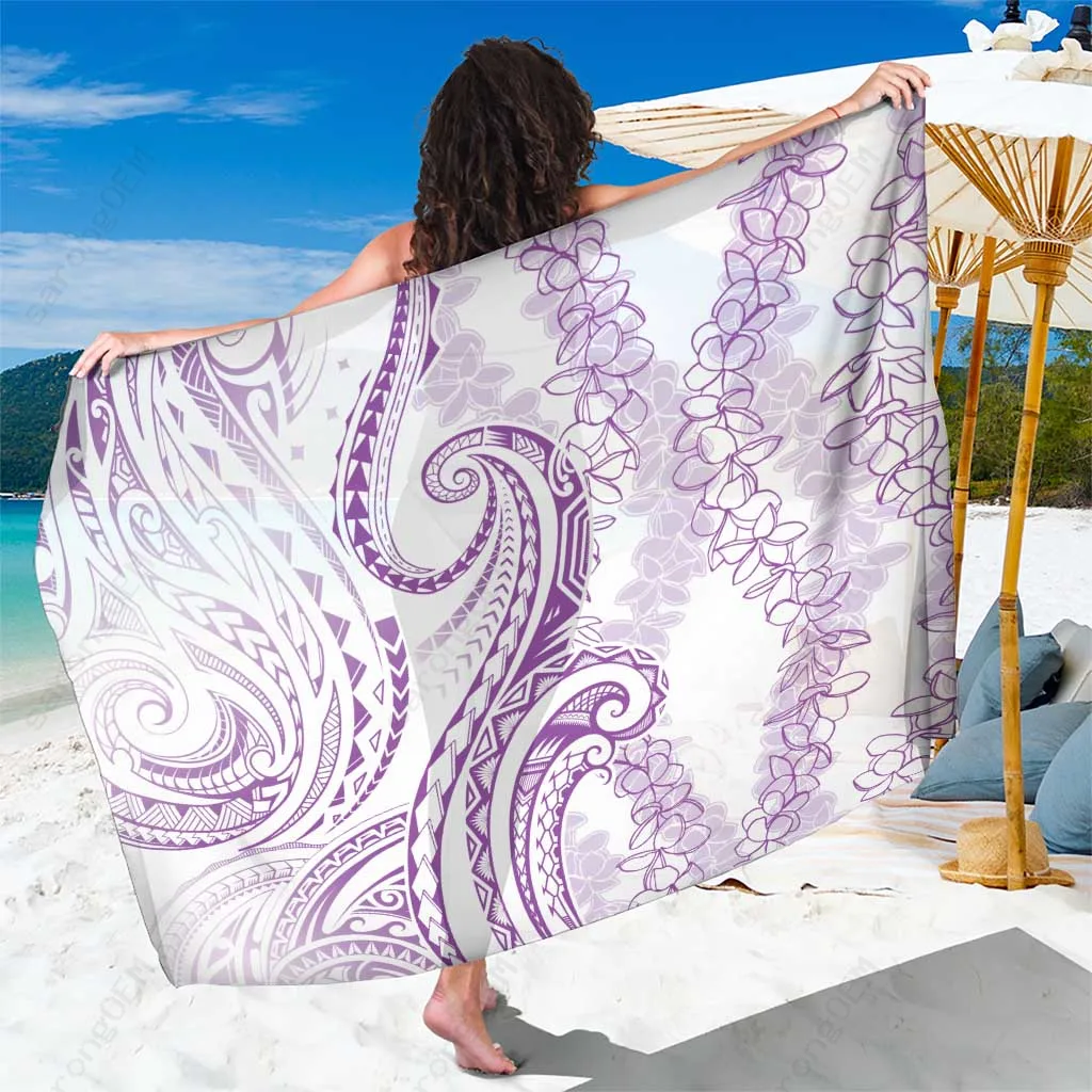 White Polynesia Plumeria Lei Curves Print Sarong Beach Wrap Resort Cover Up Wholesale Pareo - main view