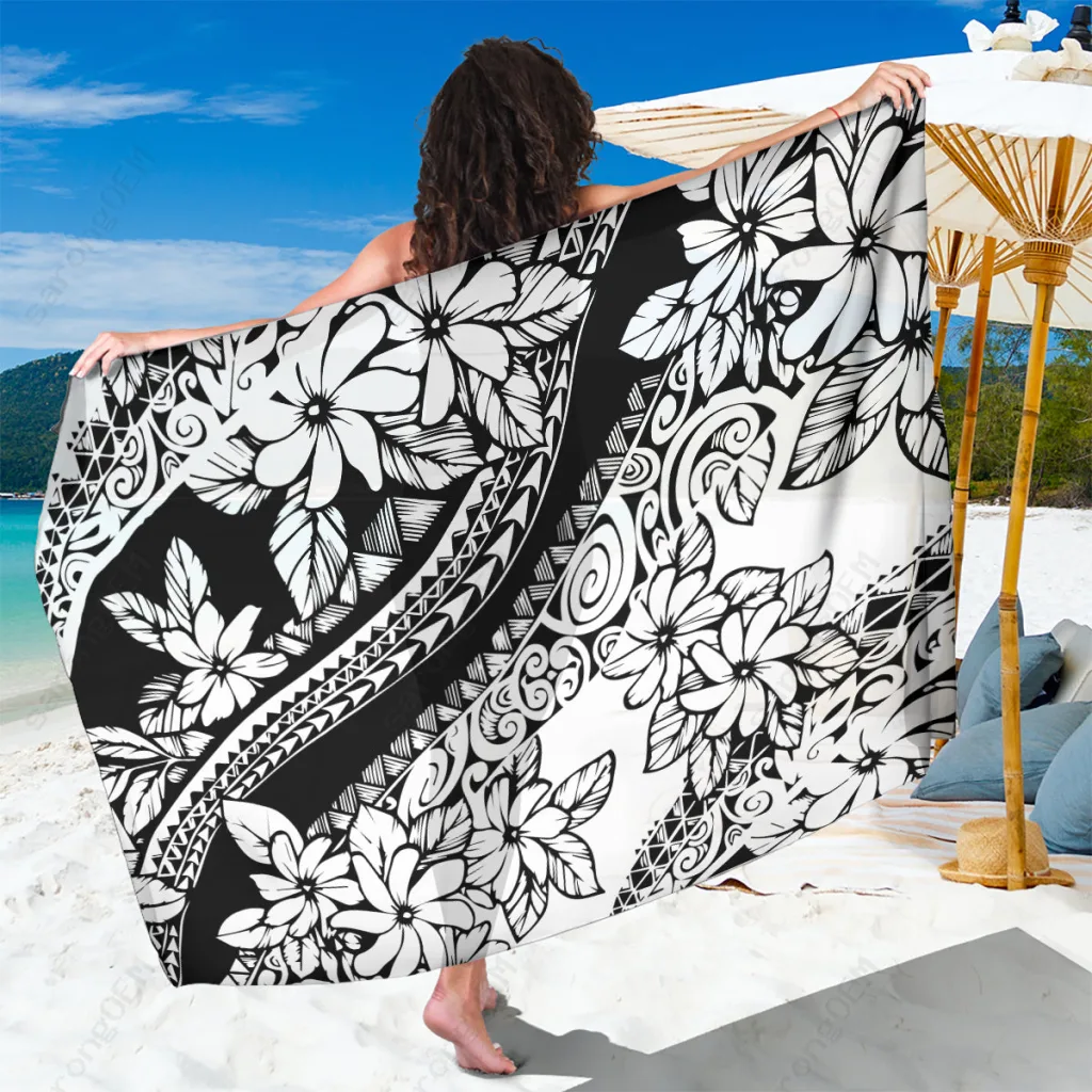 Black Polynesian Tropical Flowers Print Sarong Beach Wrap Pareo for Resort Hotel Wholesale - main view