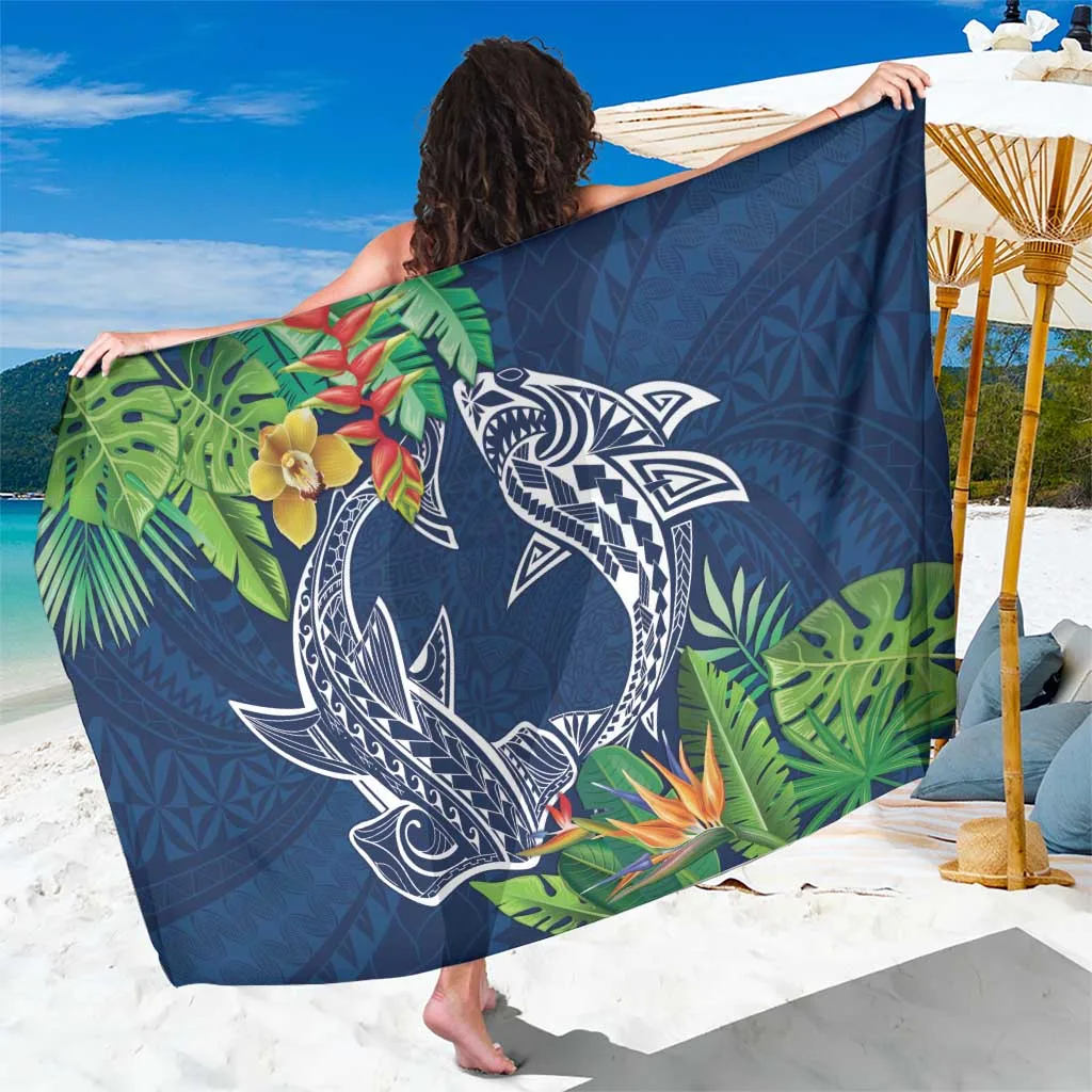 Navy Polynesia Sharks Duo Tropical Print Sarong Beach Wrap Island Resort Cover Up Wholesale Pareo - main view