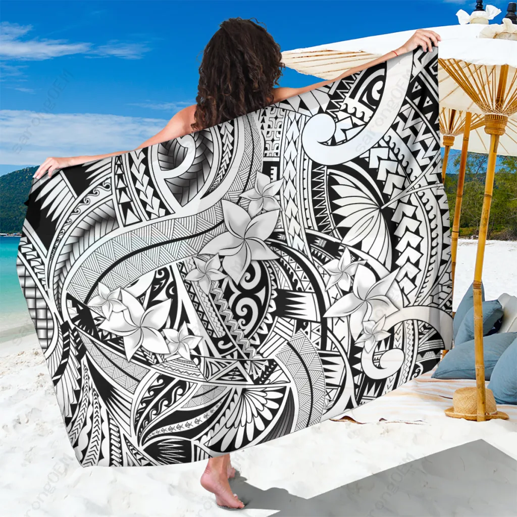 White Tribal Polynesian Flower Print Sarong Beach Wrap Summer Island Resort Pareo Wholesale - main view