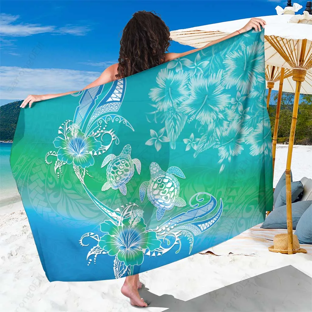 Blue Polynesian Sea Turtle Couple Hibiscus Print Sarong Beach Wrap Resort Cover Up Wholesale Pareo - main view