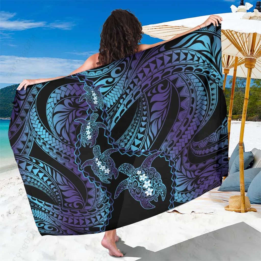 Blue Tribal Sea Turtle Plumeria Print Sarong Polynesian Beach Wrap Pareo Wholesale - main view
