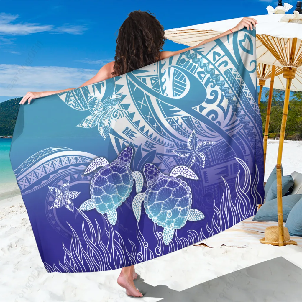 Cyan Polynesian Sea Turtle Tribal Print Sarong Beach Wrap Summer Holiday Resort Pareo Wholesale - main view