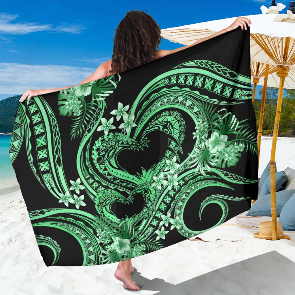 Green Polynesia Heart Tattoo Floral Print Sarong Beach Wrap Tropical Resort Cover Up Wholesale Pareo - main view