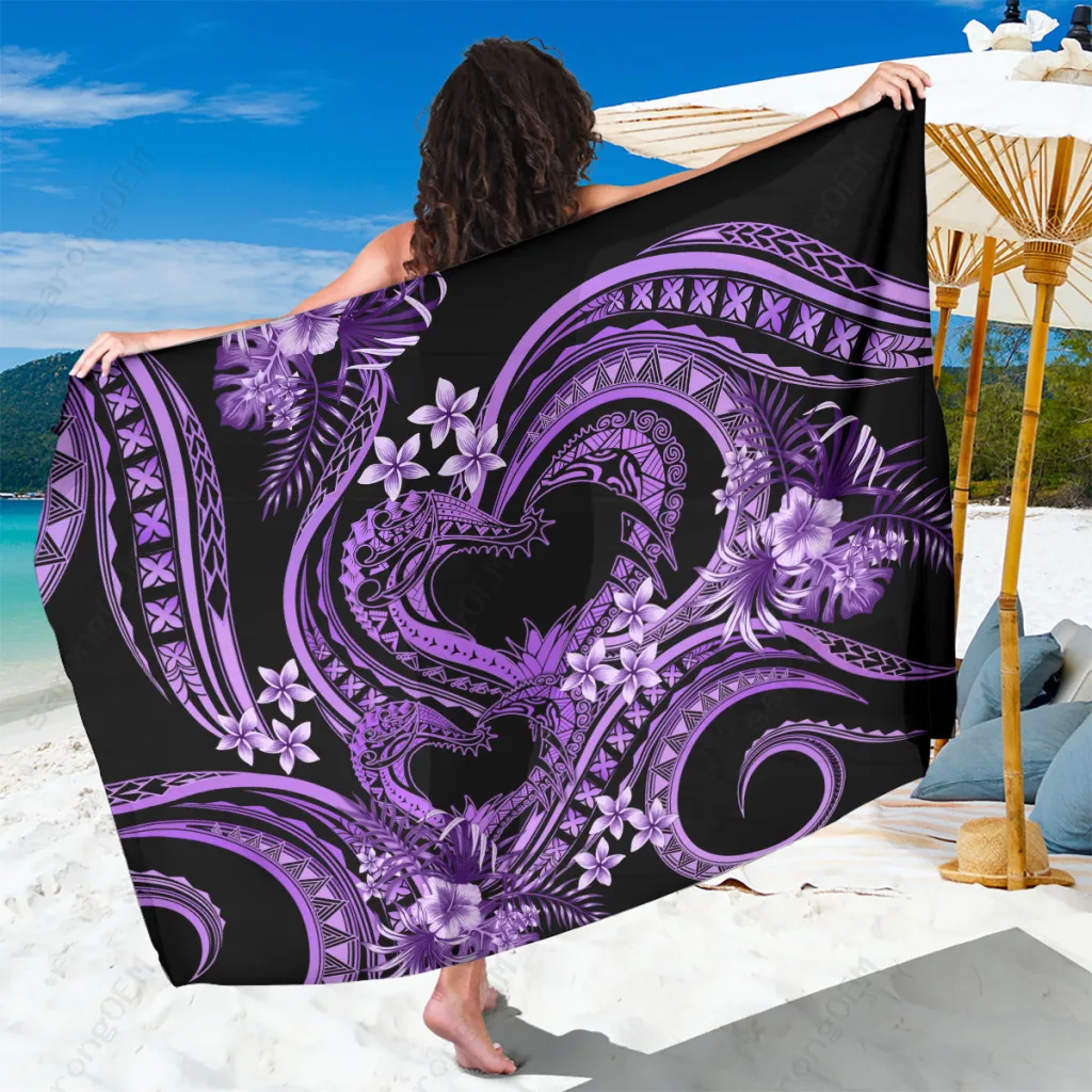 Purple Polynesia Valentine's Day Heart Tattoo Hibiscus Print Sarong Beach Wrap Wholesale Pareo - main view