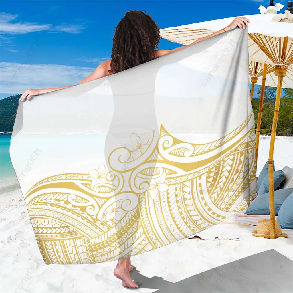 White Plumeria Tribal Polynesia Gold Print Sarong Beach Wrap Resort Cover Up Wholesale Pareo - main view