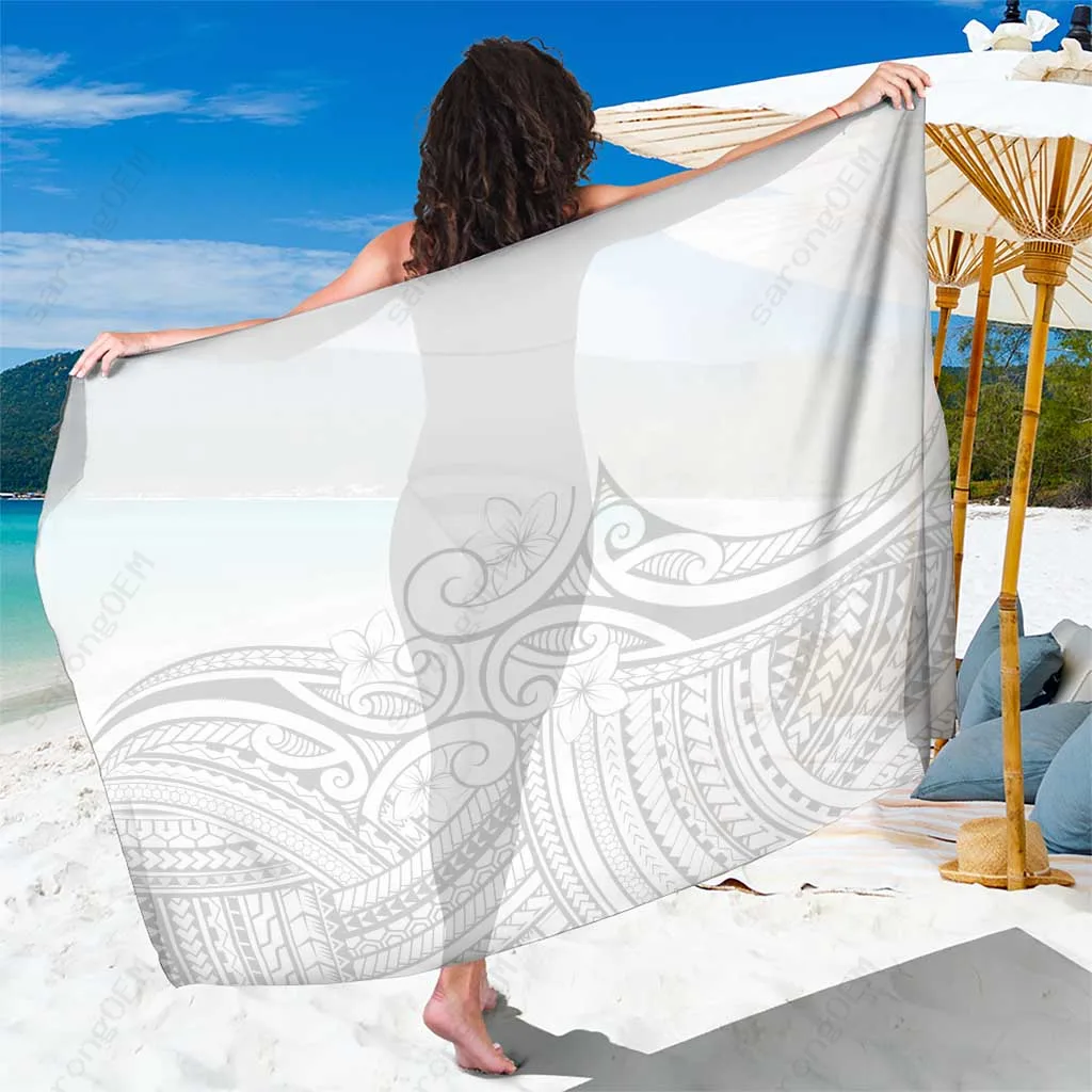 White Plumeria Tribal Polynesian Print Sarong Beach Wrap for Resort Hotel Wholesale Pareo - main view
