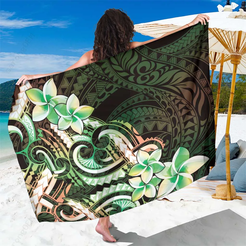 Green Gradient Polynesian Tattoo Plumeria Flowers Print Sarong Beach Wrap Dress Resort Hotel Wholesale Pareo - main view