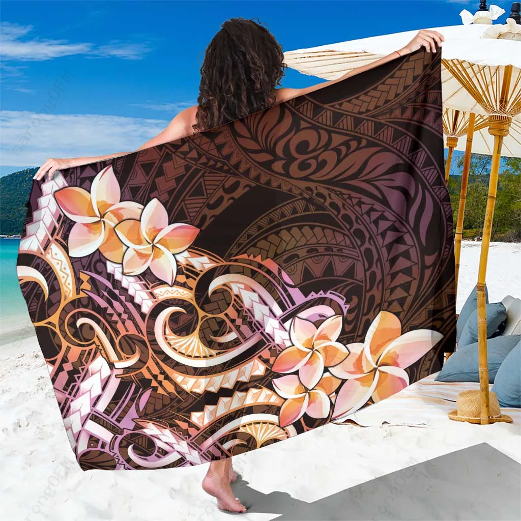 Peach Gradient Polynesian Tattoo Sarong with Plumeria Flowers Floral Print Beach Wrap Wholesale Pareo - main view