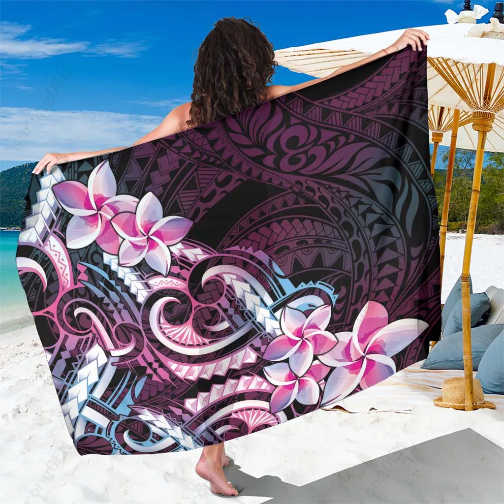 Pink Gradient Polynesian Tattoo Sarong with Plumeria Flowers and Tribal Print Beach Wrap Wholesale Pareo - main view