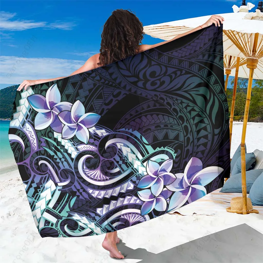 Turquoise Gradient Polynesian Tattoo Sarong with Plumeria Flowers Floral Print Beach Wrap Wholesale Pareo - main view