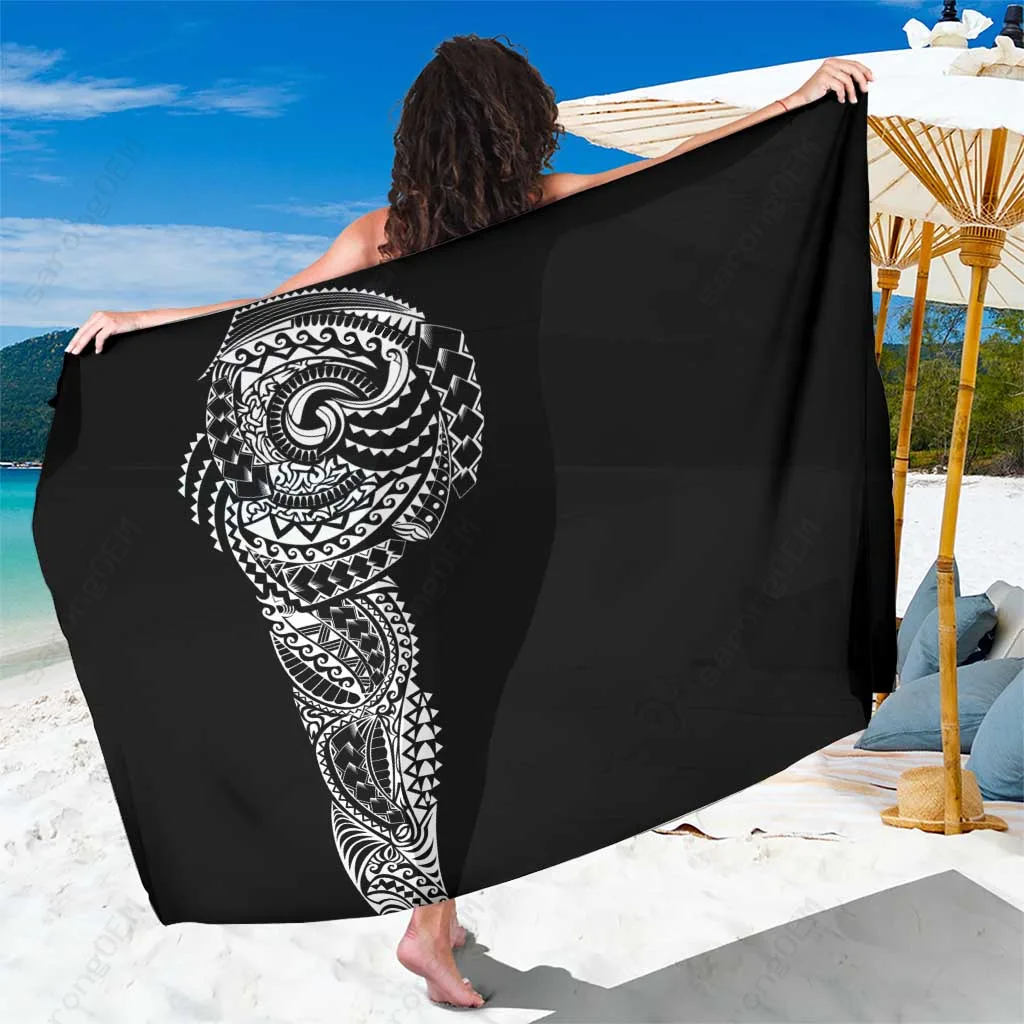 Black Polynesian Traditional Tattoo Print Sarong Simple Style Beach Wrap Wholesale Pareo - main view