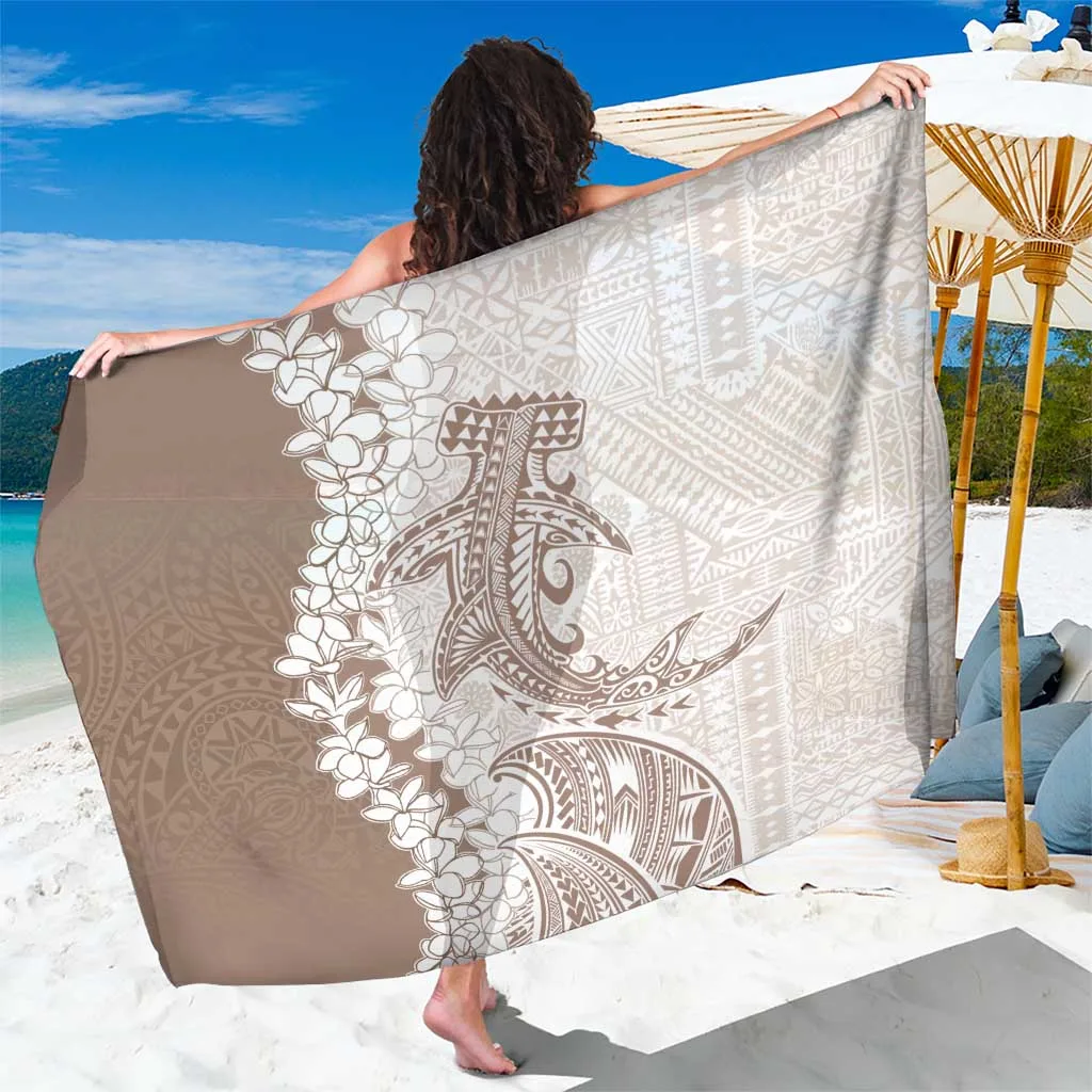 Beige Plumeria Lei Hammerhead Shark Print Sarong Polynesian Beach Wrap Wholesale Pareo - main view