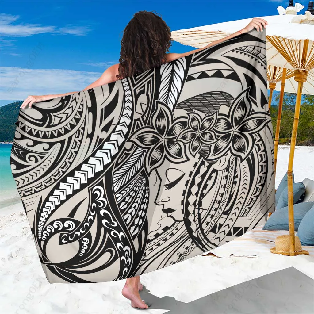 Beige Polynesian Tribal Turtle Hibiscus Print Sarong Beach Wrap Resort Cover Up Wholesale Pareo - main view