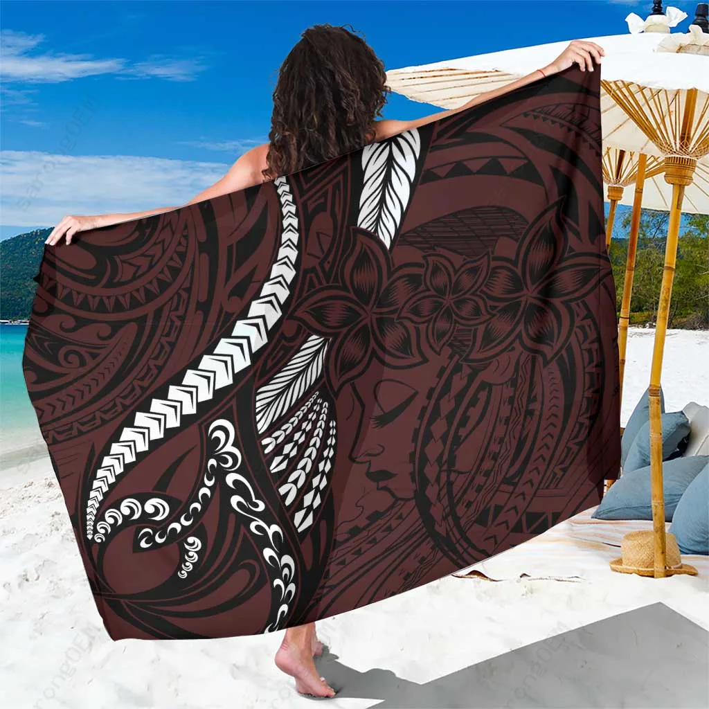 Black Tribal Polynesian Tattoo Print Sarong Beach Wrap for Resort Vacation Wholesale Pareo - main view