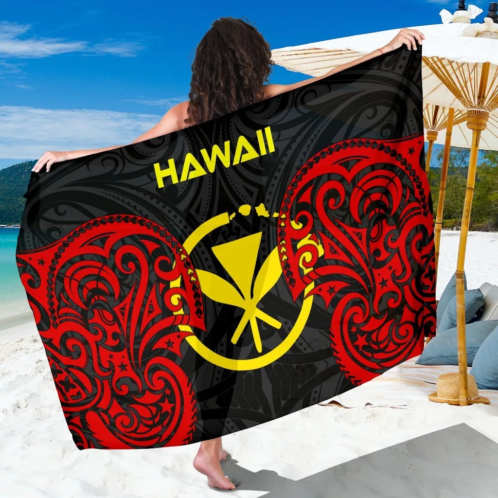 Black Polynesian Gold Tribal Turtle Hibiscus Print Sarong Hawaii Tropical Beach Wrap Pareo Wholesale - main view