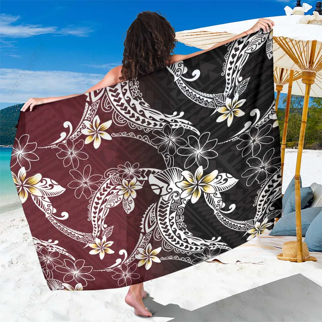 Wine Red Hawaiian Plumeria Tribal Polynesian Print Sarong Beach Wrap Resort Cover Up Wholesale Pareo - main view