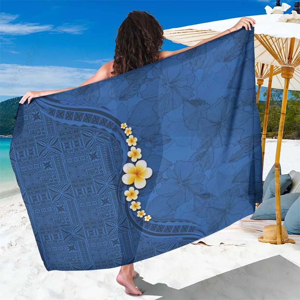 Blue Hibiscus & Plumeria Polynesian Tapa Print Sarong Beach Wrap Summer Island Cover Up Wholesale - main view