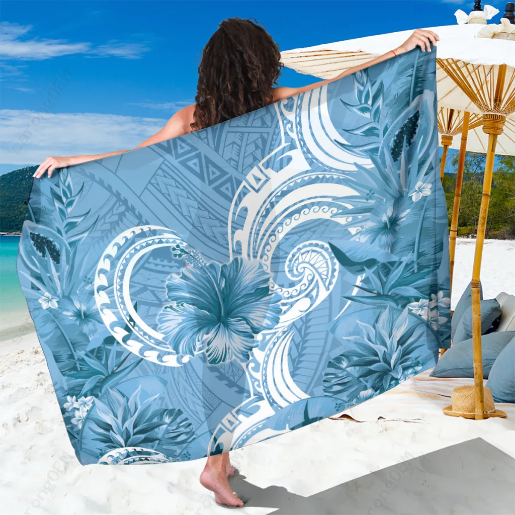 Blue Polynesian Hibiscus Flower Tribal Print Sarong Beach Wrap for Resort Hotel OEM Wholesale Pareo - main view