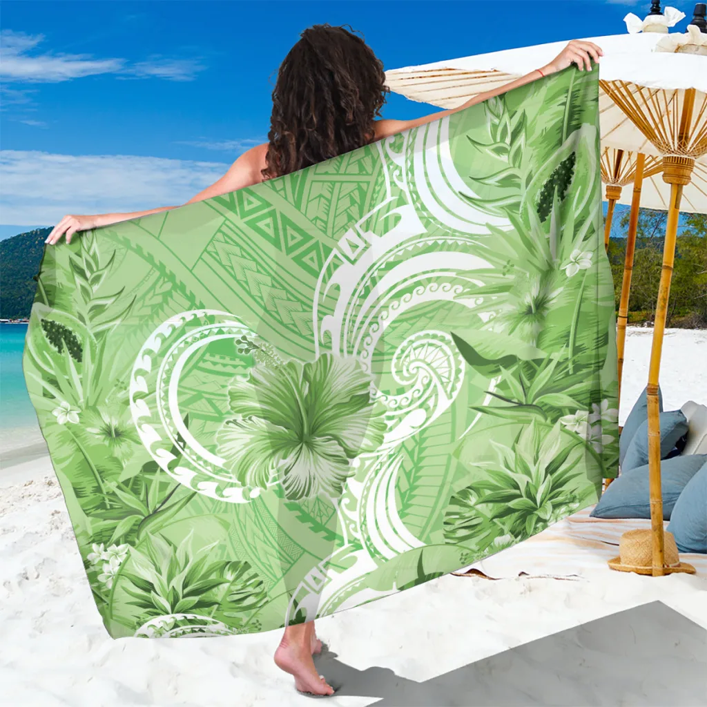Lime Green Polynesian Hibiscus Flower Tribal Print Sarong Beach Wrap for Resort Hotel Wholesale Pareo - main view