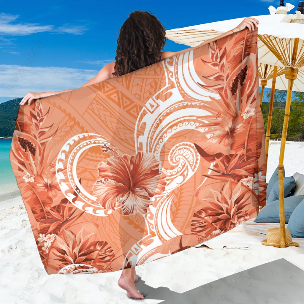 Peach Hibiscus Flower Tribal Polynesian Print Sarong Beach Wrap for Resort Hotel Wholesale Pareo - main view