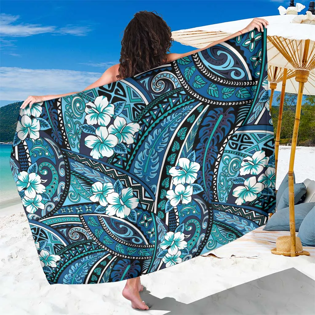 Blue Polynesian Hibiscus Tropical Floral Tribal Print Sarong Beach Wrap Wholesale Pareo - main view
