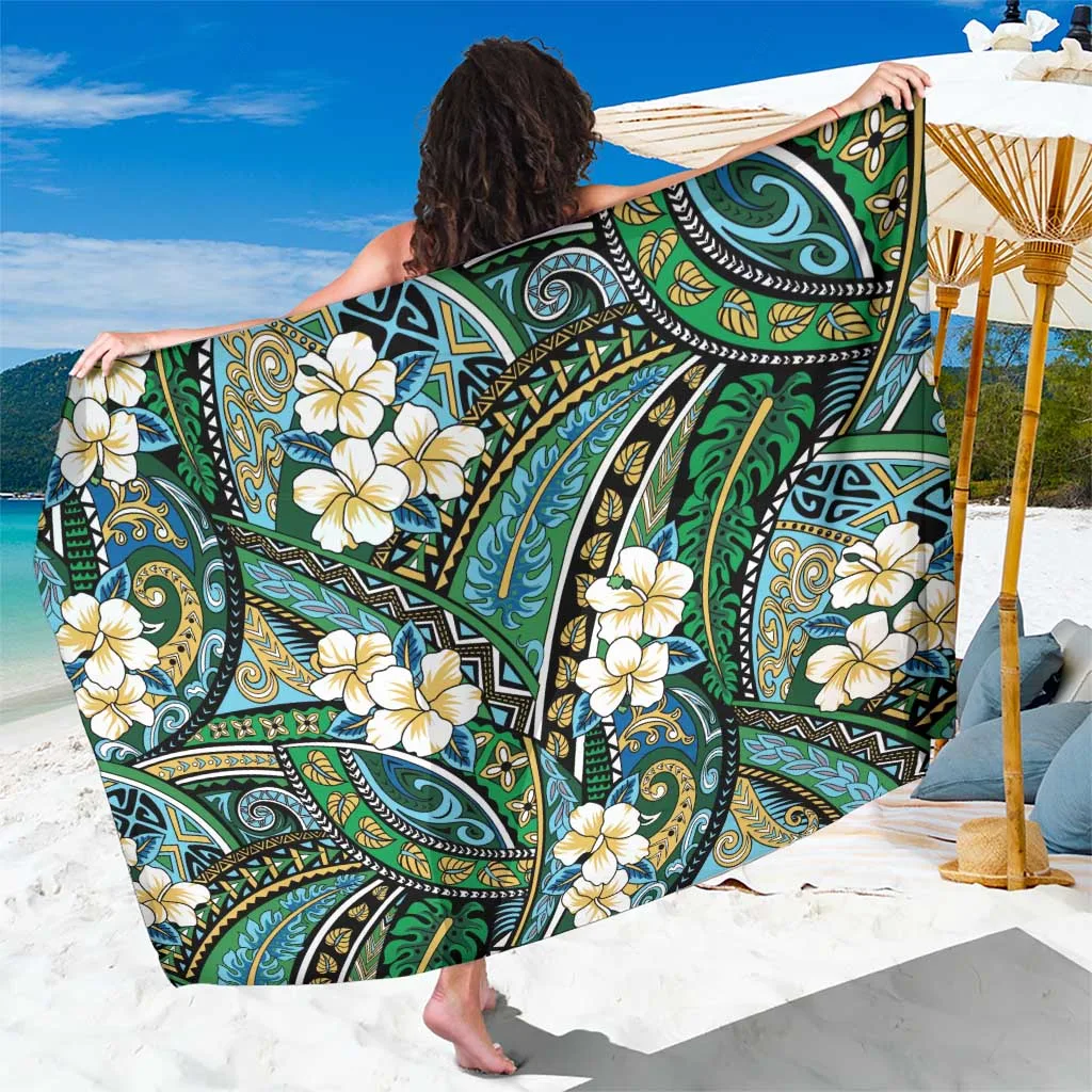 Green Hibiscus Tropical Floral Tribal Polynesian Print Sarong Beach Wrap Wholesale Pareo - main view