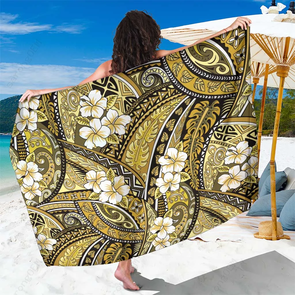 Yellow Hibiscus Tropical Floral Tribal Print Sarong Polynesian Beach Wrap Wholesale Pareo - main view