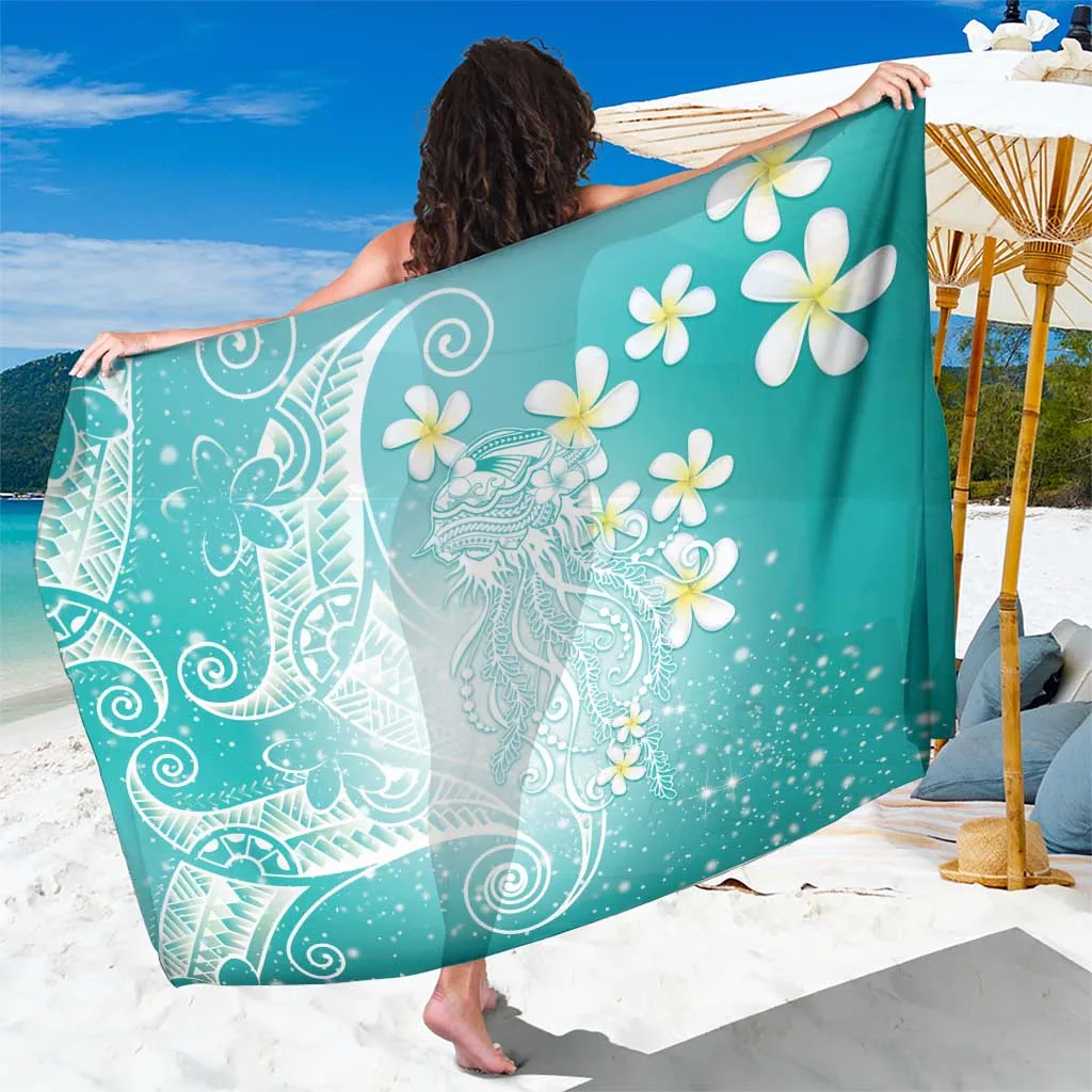 Teal Plumeria Polynesian Fish Print Sarong Beach Wrap Tropical Island Resort Cover Up Wholesale Pareo - main view