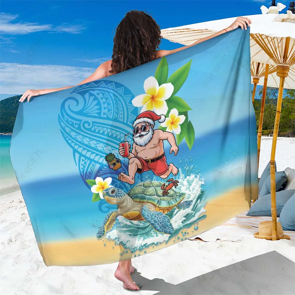 Polynesian Merry Christmas Sarong Funny Santa Sea Turtle Plumeria Print Beach Wrap Pareo Wholesale - main view