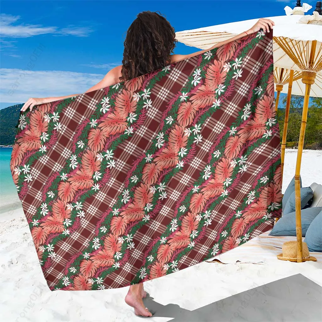Burgundy Polynesian Monstera Tiare Floral Sarong Beach Wrap Resort Cover Up Wholesale Pareo - main view