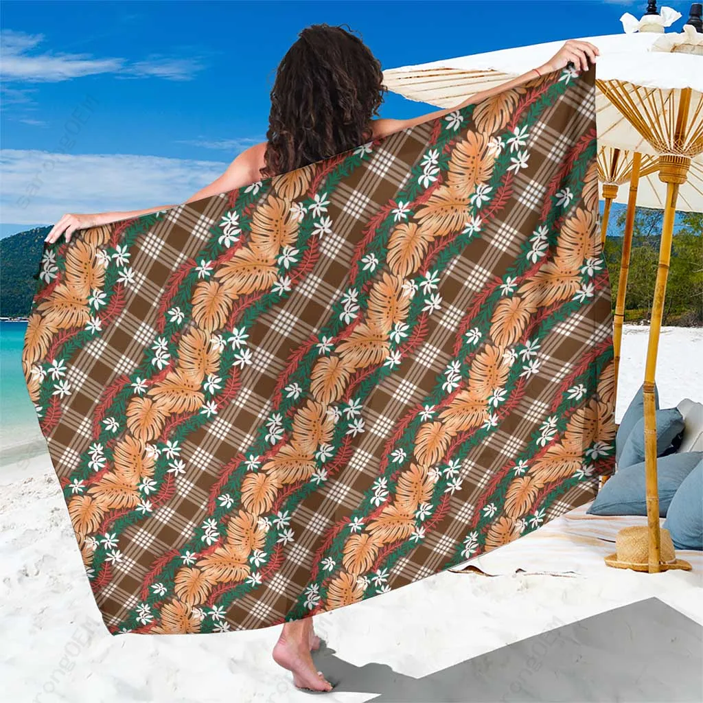 Brown Polynesian Monstera Tiare Floral Sarong Beach Wrap Tropical Island Resort Cover Up Wholesale Pareo - main view