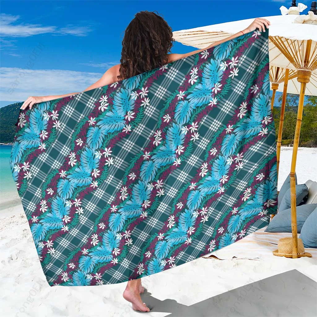 Teal Polynesian Monstera Tiare Floral Print Sarong Beach Wrap Tropical Island Resort Cover Up Wholesale Pareo - main view