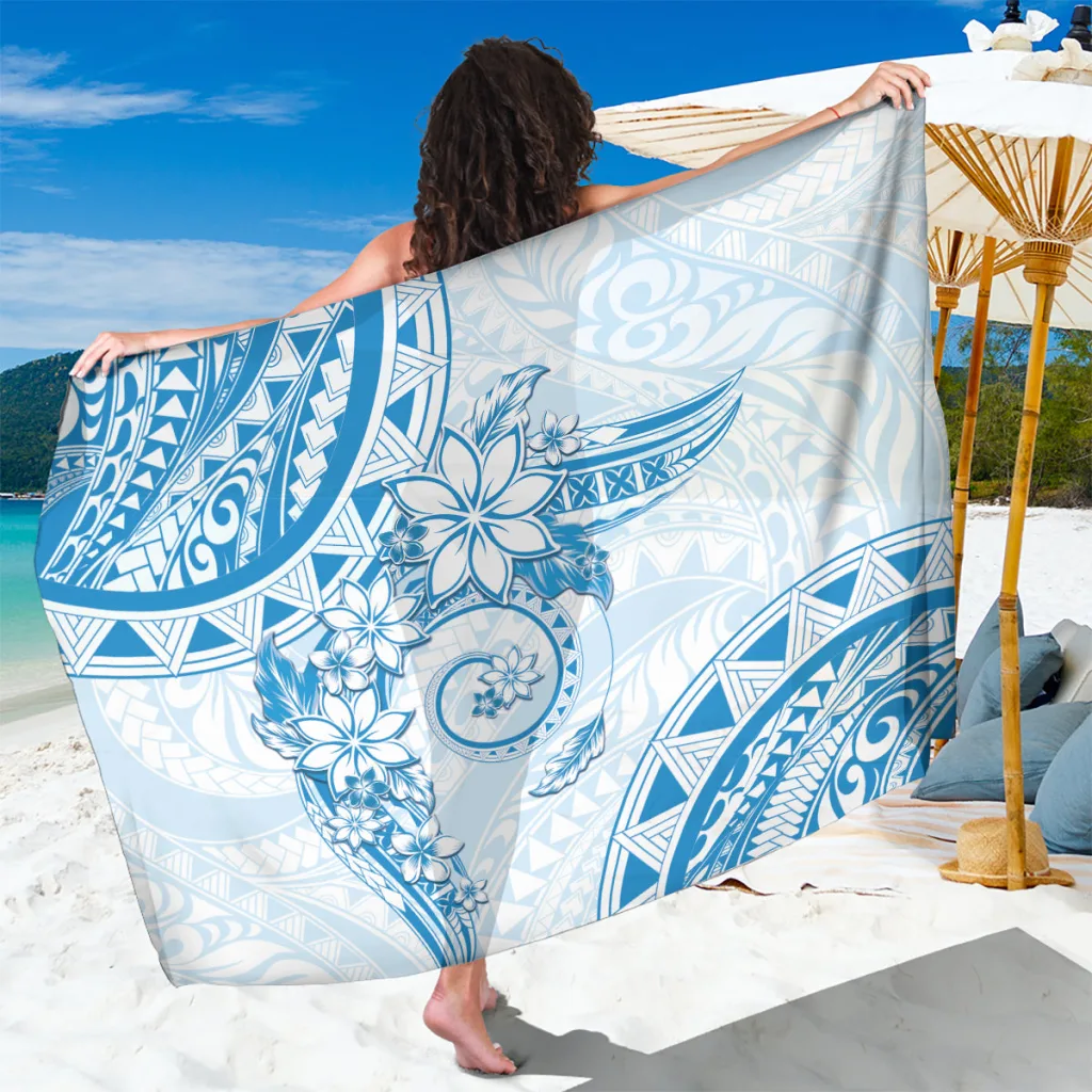 Polynesian Pattern With Plumeria Flowers Sarong Blue - main view