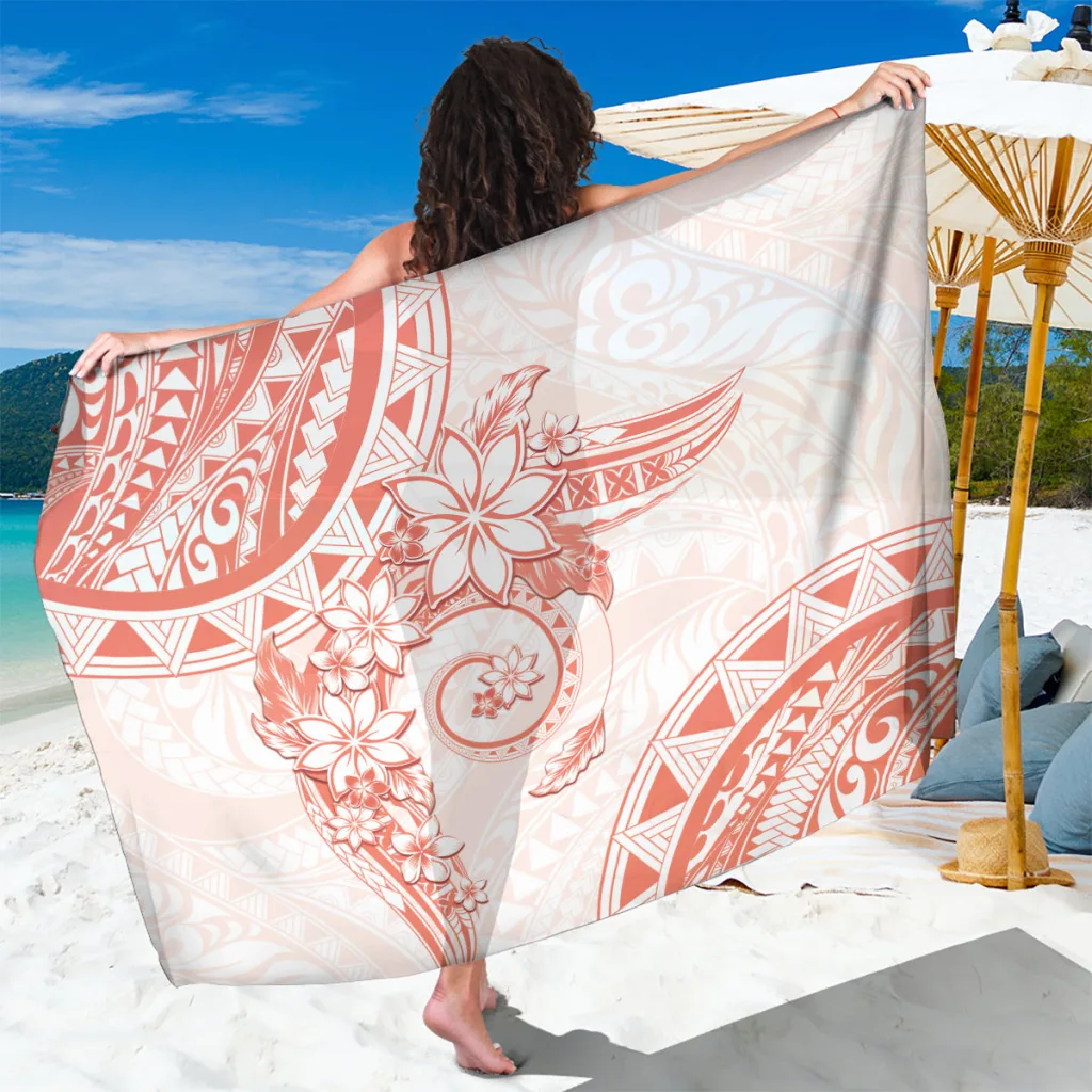 Orange Peach Polynesian Plumeria Flowers Floral Print Sarong Beach Wrap Resort Cover Up Wholesale Pareo - main view
