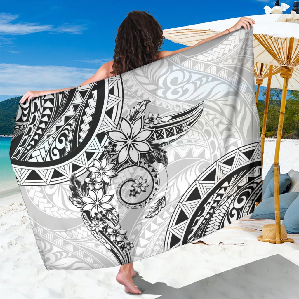 White Polynesian Plumeria Flowers Floral Print Sarong Beach Wrap Tropical Resort Pareo Wholesale - main view