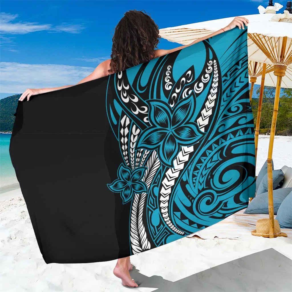Blue Polynesian Plumeria Floral Tattoo Print Sarong Beach Wrap Summer Island Resort Wholesale Pareo - main view
