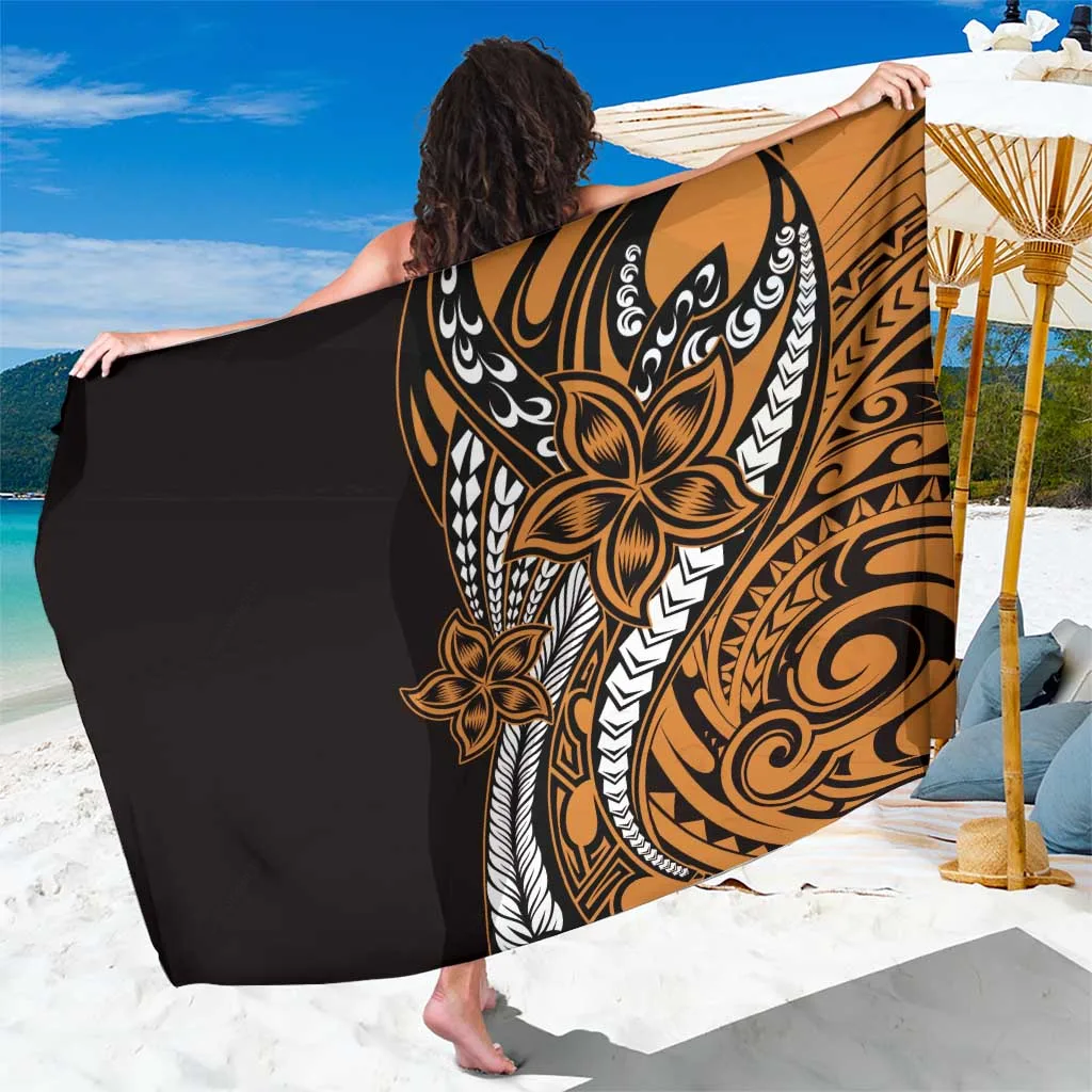 Gold Plumeria Polynesian Floral Tattoo Print Sarong Beach Wrap Summer Island Resort Cover Up Wholesale Pareo - main view