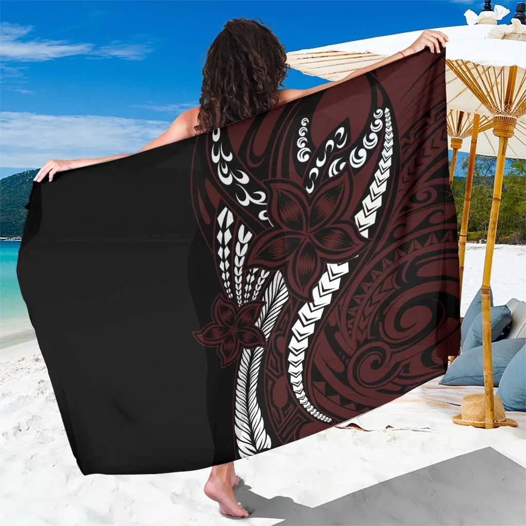 Oxblood Polynesian Plumeria Floral Tattoo Print Sarong Beach Wrap Wholesale Pareo - main view