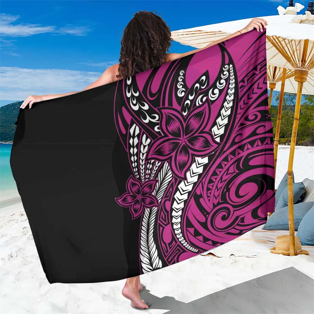 Pink Plumeria Floral Polynesian Tattoo Print Sarong Beach Wrap for Resort Hotel Custom OEM Wholesale Pareo - main view