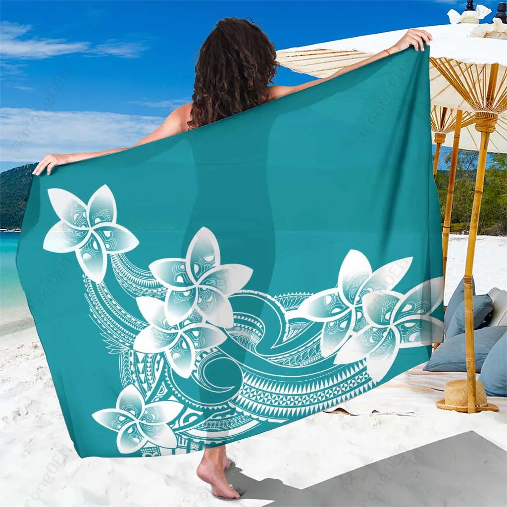 Teal Polynesian Plumeria Flowers Tribal Tattoo Print Sarong Beach Wrap Summer Island Resort Pareo Wholesale - main view